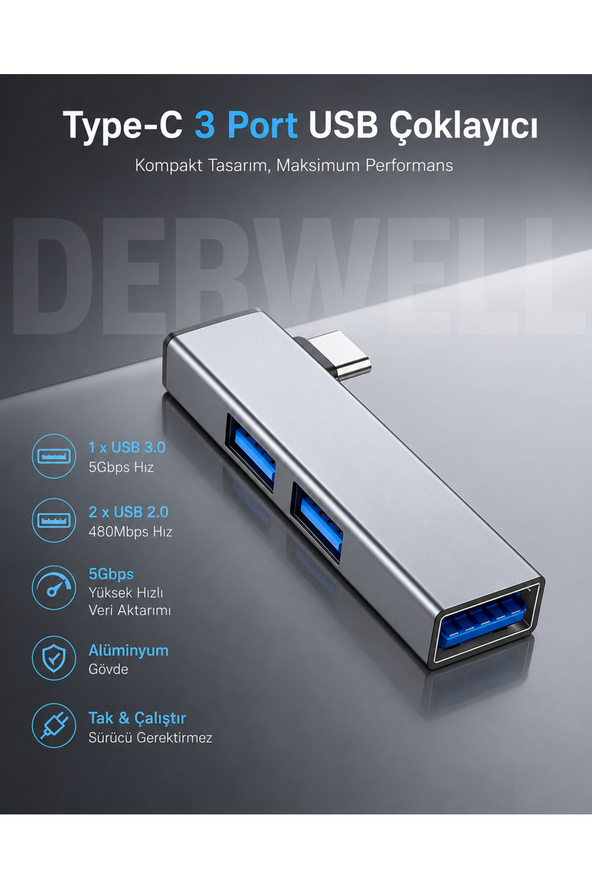 Type-C USB Hub Çoklayıcı 3 Portlu Çevirici Adaptör | Alüminyum Kasa | 5Gbps Sürücüsüz Tak Çalıştır | USB 3.0 ve USB 2.0 Dönüştürücü PC Mac Tablet Destekli