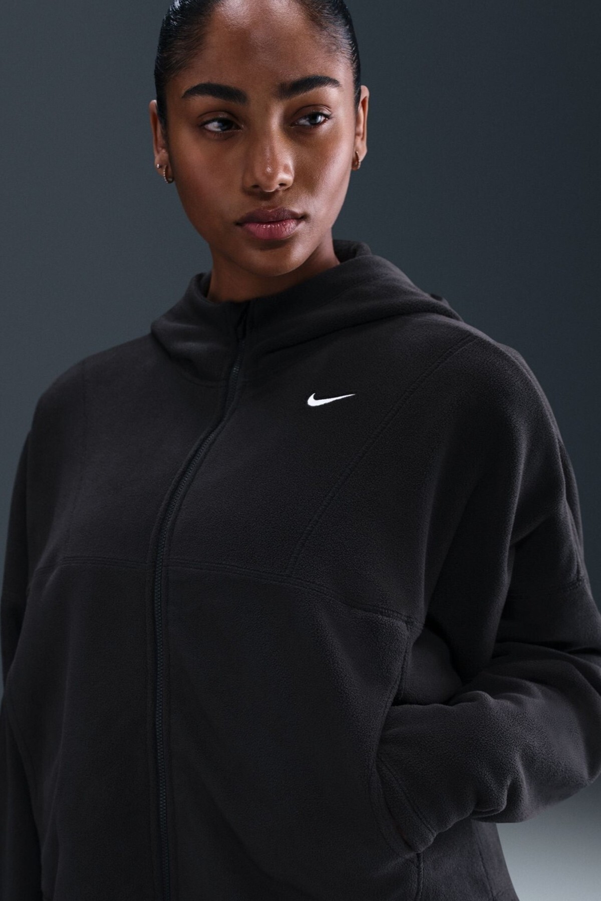 Nike One Oversize Therma-Fit Full Zip Womens Sweatshirt Bol Kesim Tam Fermuar Kapüşonlu Polar Kadın görsel 2