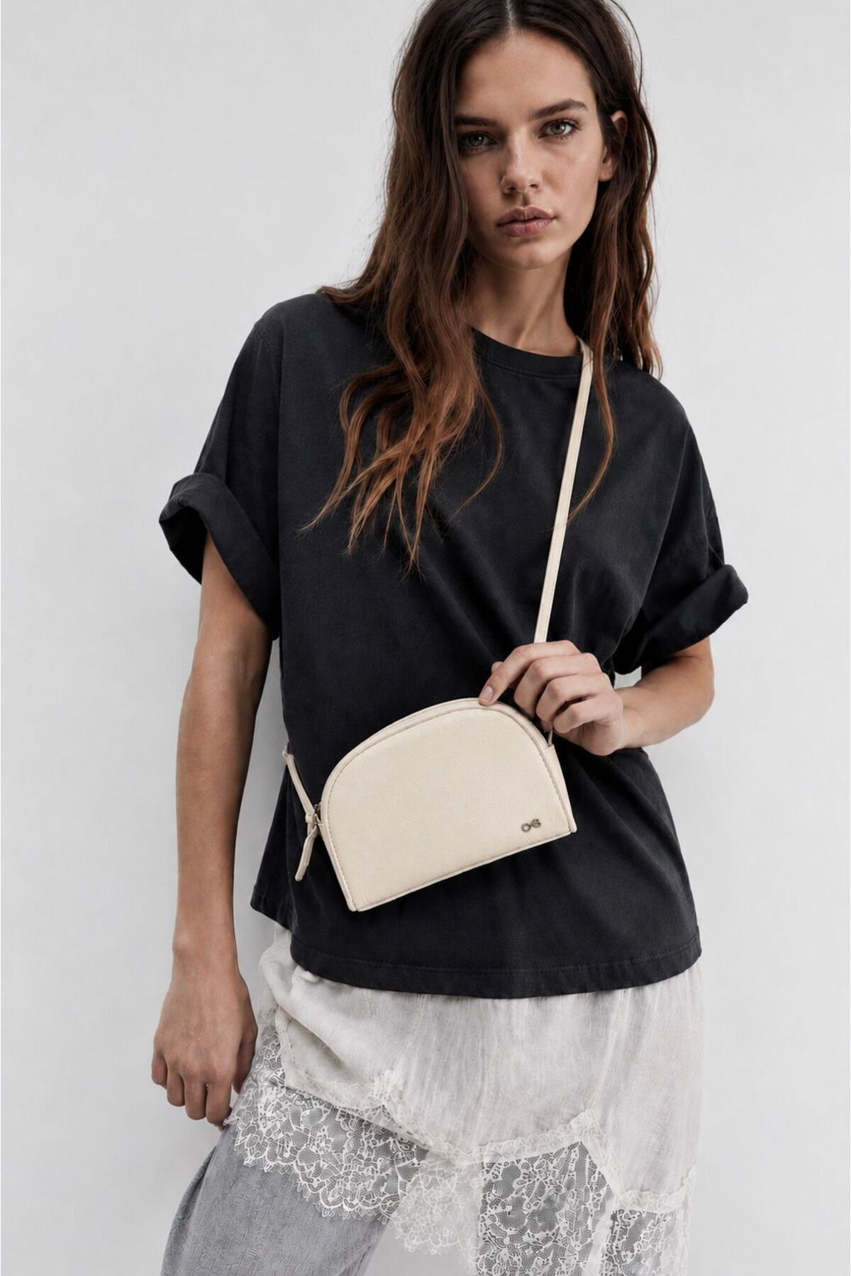 Çantacımstore Mini Basic Çapraz Askılı Çanta 2'li Krem-Siyah görsel 2