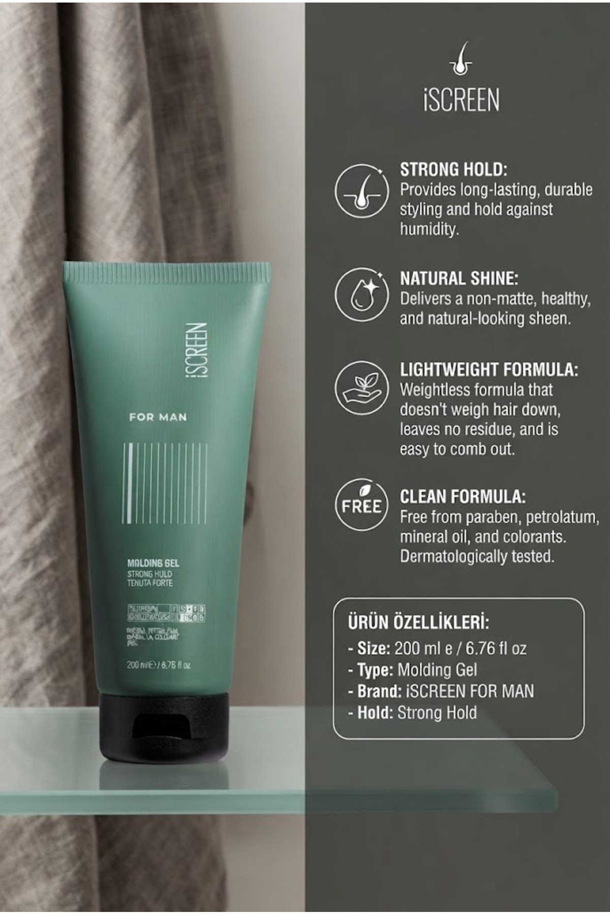 Molding Erkekler İçin Güçlü Tutuşlu Esnek Saç Şekillendirici Jel 200 ml - Strong Hold Flexible Styling Gel — SCR-FM-200MG — تصویر 3 از 3