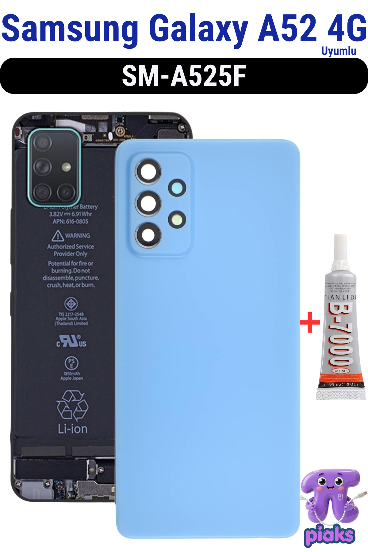 Samsung Galaxy A52 4G Arka Kapak Pil Batarya Kapağı Kamera Lensli SM-A525F Uyumlu + B7000 - Mavi
