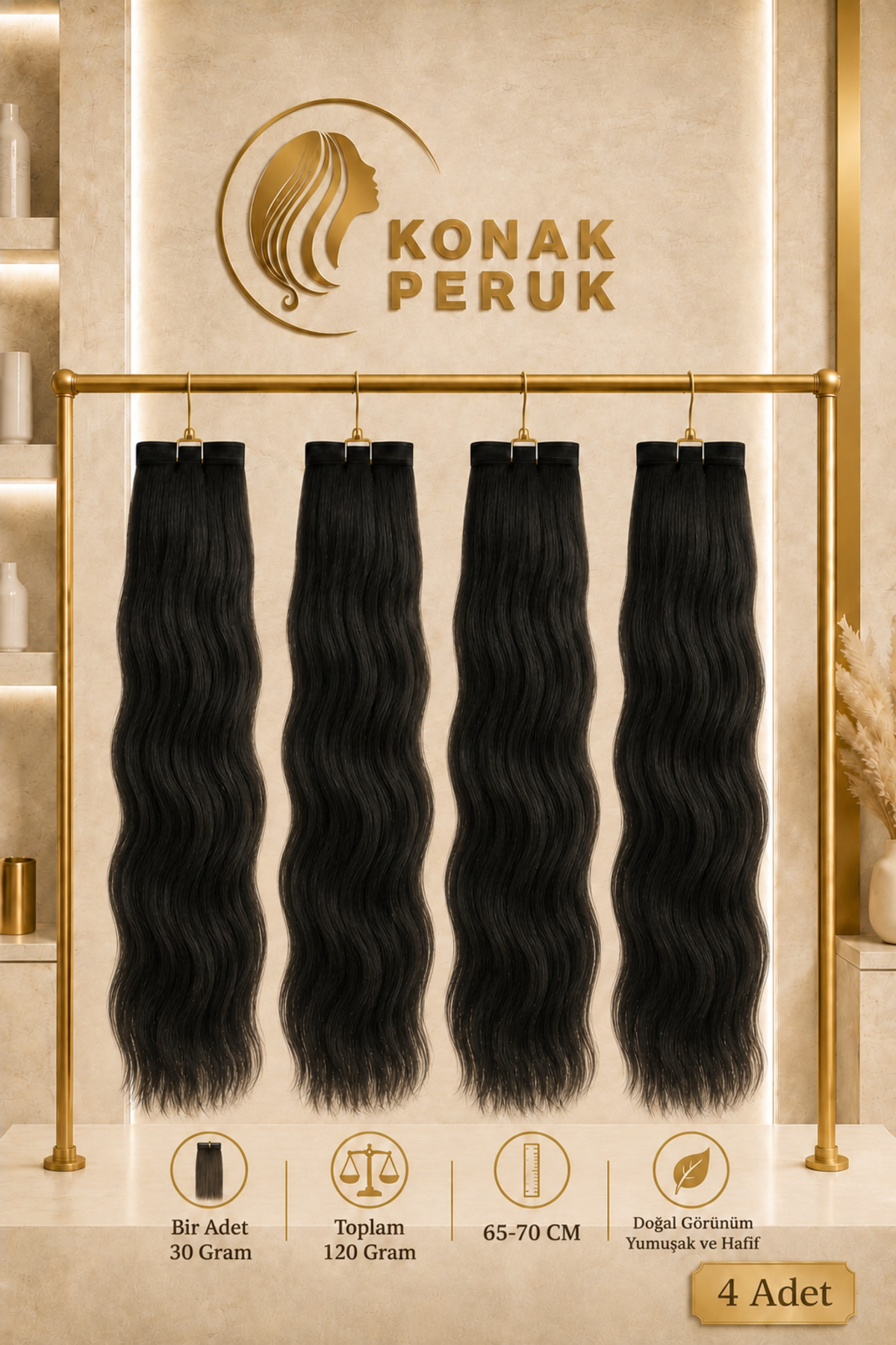 KONAK PERUK Fiber Sentetik Uzun Su Dalgalı 4 Parça Çıt Çıt - Siyah