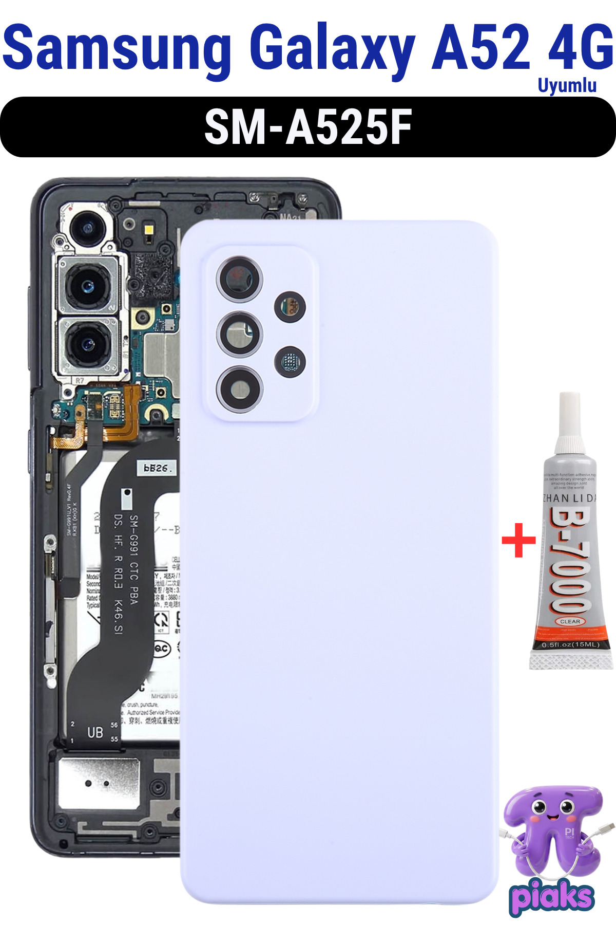 Samsung Galaxy A52 4G Arka Kapak Pil Batarya Kapağı Kamera Lensli SM-A525F Uyumlu + B7000 - Mor