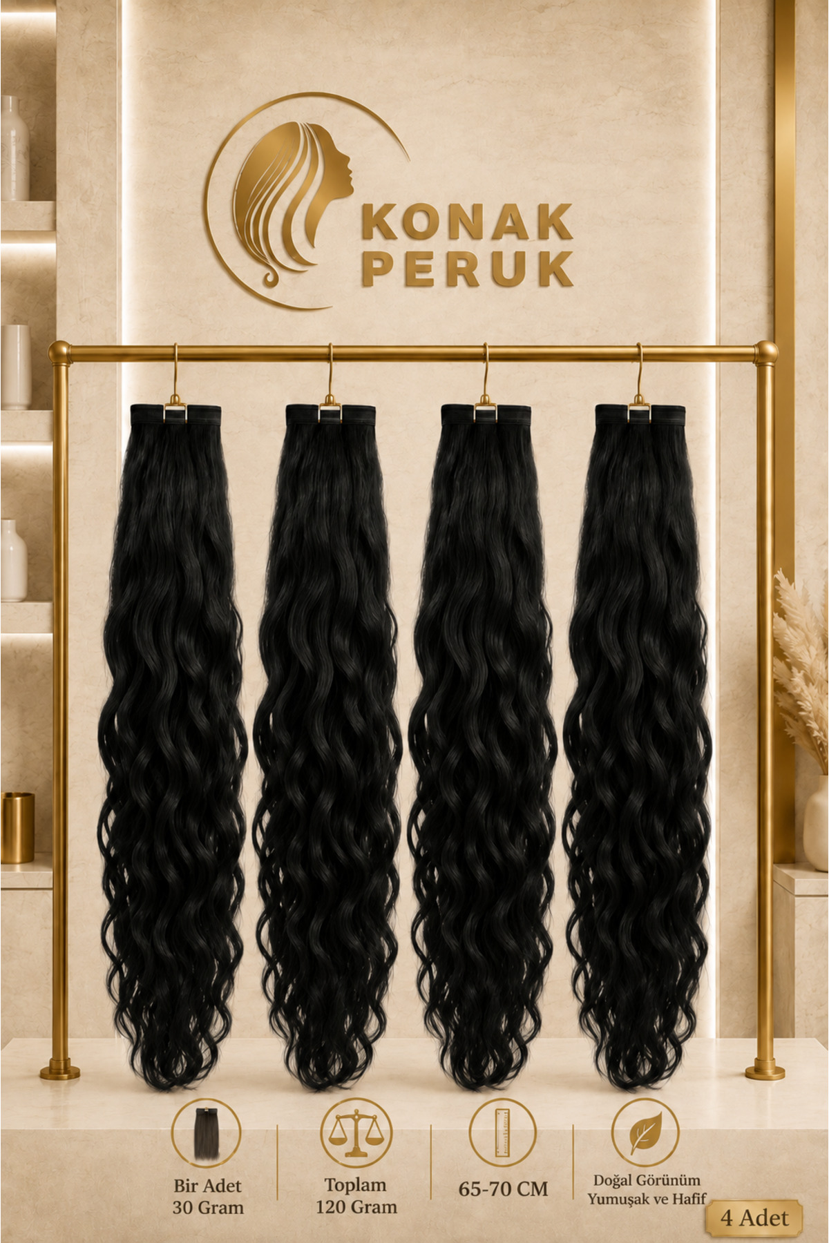 KONAK PERUK Fiber Sentetik Uzun Afro Dalgalı 4 Parça Çıt Çıt - Siyah