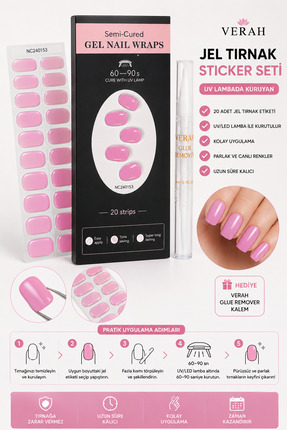 VERAH Pembe Jel Tırnak Sticker Seti 20 Adet Tırnak Etiketi + Remover Kalem He...