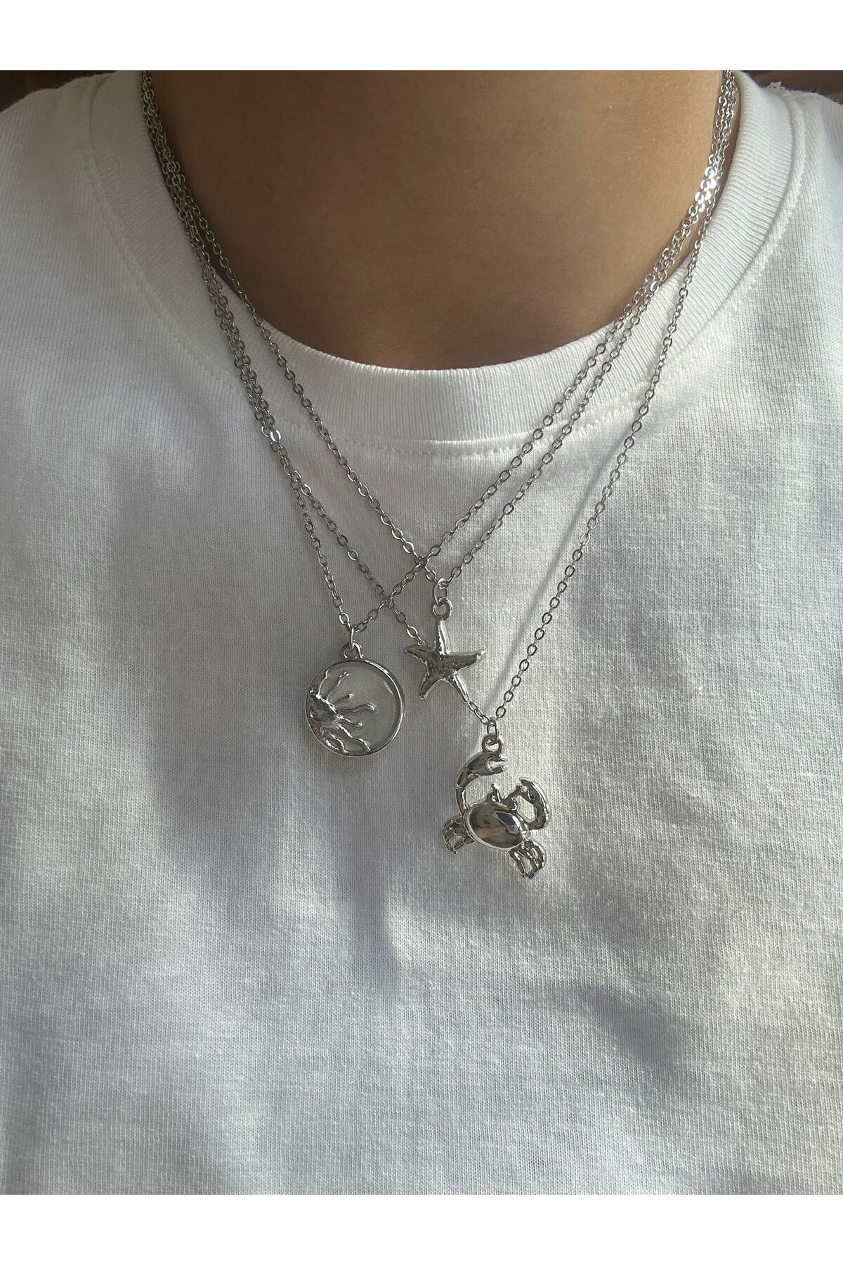 Güneş, Deniz Yıldızı Ve Yengeç Charm Çelik Zincirli Gümüş Kadın Kolye (45 Cm)