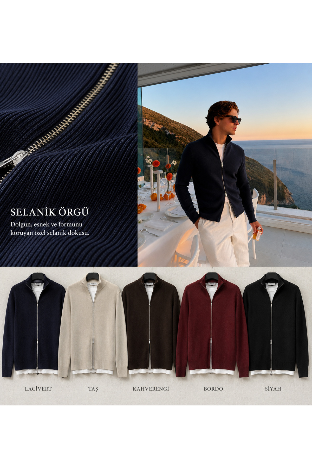 town walker Erkek Regular Kalıp Old Money Çift Fermuar Hırka görsel 2