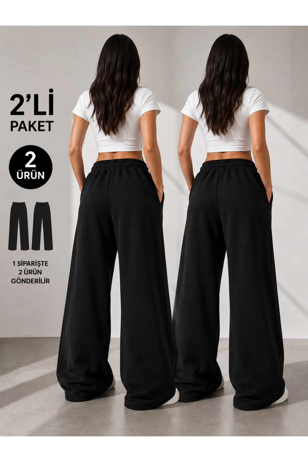 yx yustex sport 2 Adet Kadın Eşofman Altı Set (SİYAH+SİYAH) Oversize Rahat Kalıp Bol Paça görsel 5