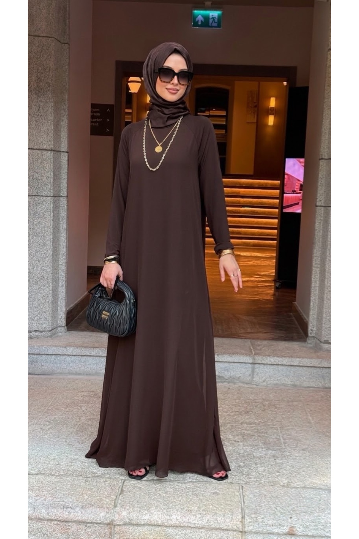 Mürdüm butik Şifon Detaylı Bahar Elbise- Acı Kahve