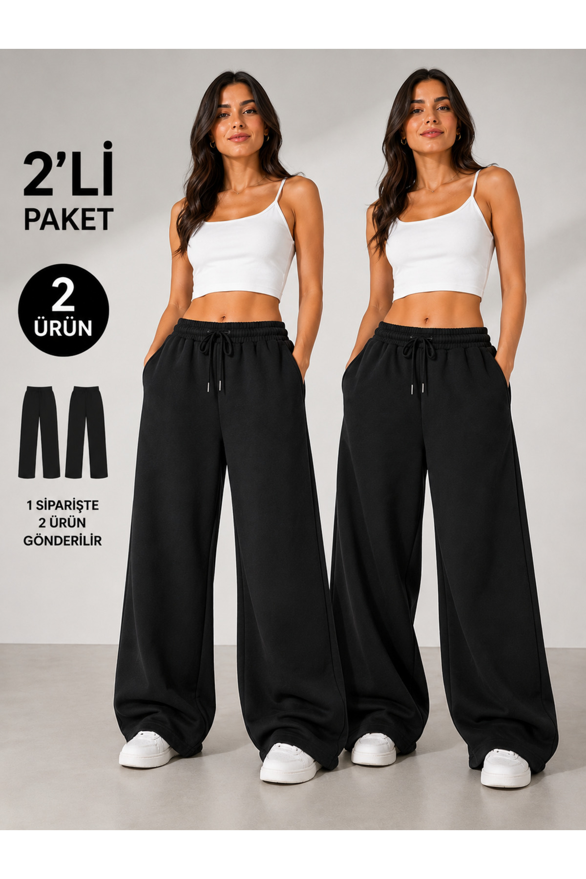 yx yustex sport 2 Adet Kadın Eşofman Altı Set (SİYAH+SİYAH) Oversize Rahat Kalıp Bol Paça