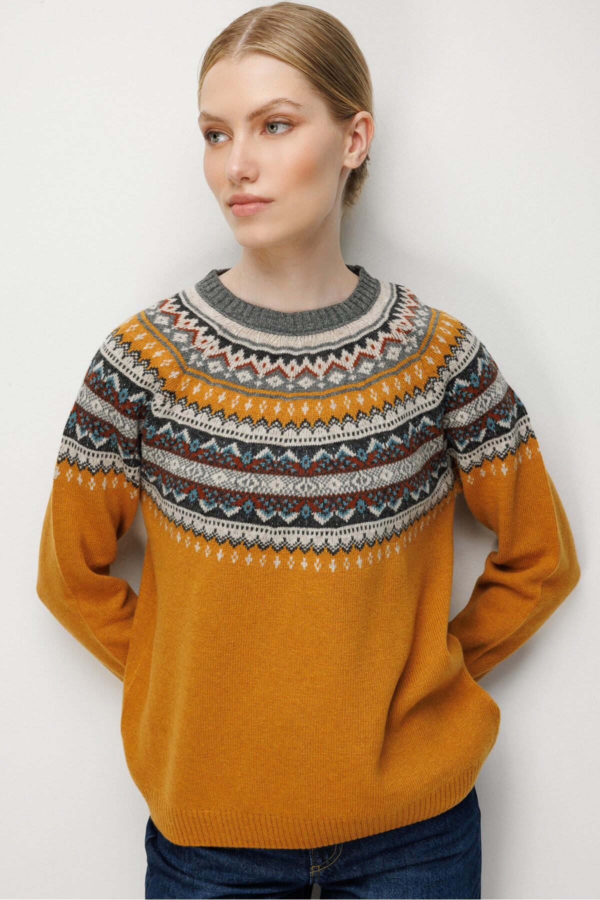 ژاکت یقه زنانه ژاکارد ژاکت پشمی خردل 3
