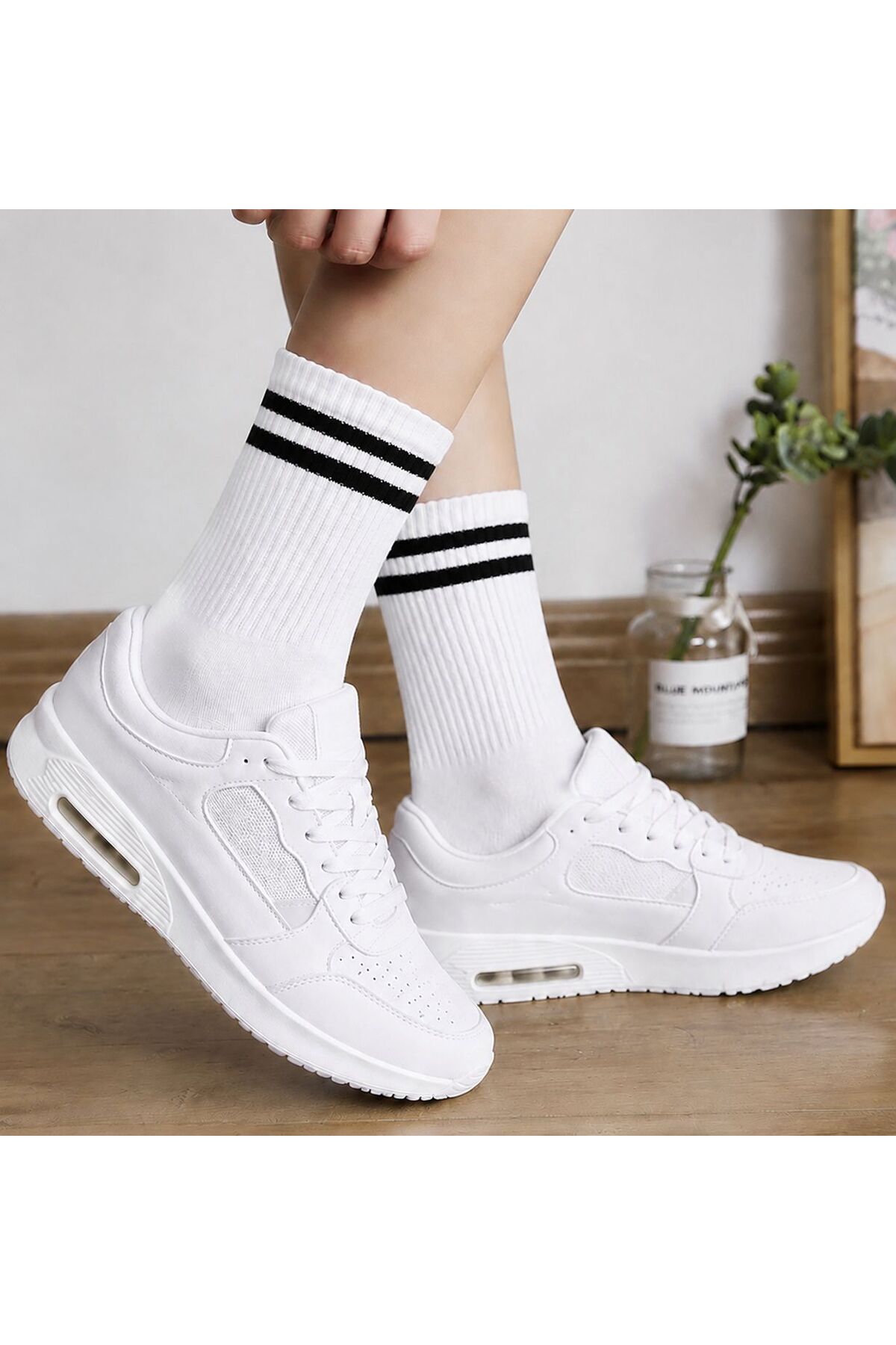 MOTTO SOCKS Unisex Beyaz Çizgili Spor Çorap 6 Çift Pamuklu Günlük Çorap görsel 2