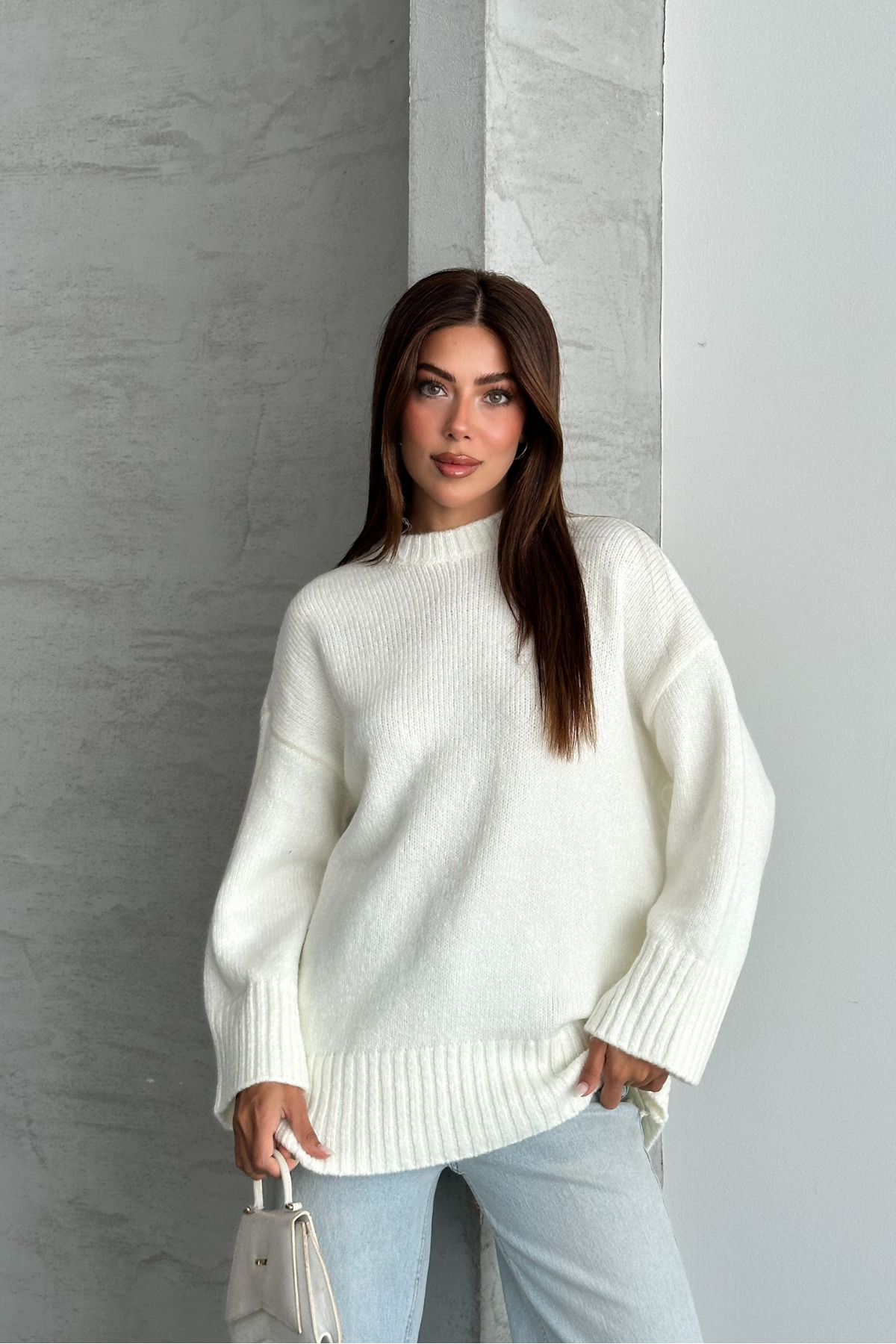 macharel jeans Bisiklet Yaka Oversize Kadın Triko Kazak görsel 2