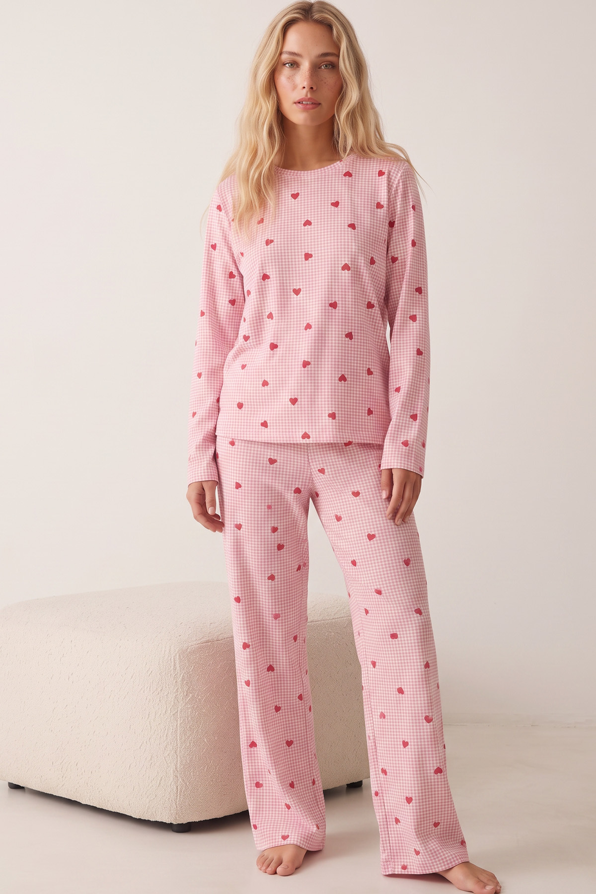 Siyah İnci Pembe Ekose Kalp Desenli Yumuşak Tuşe Kışlık Örme Pijama Takımı 8072 görsel 2