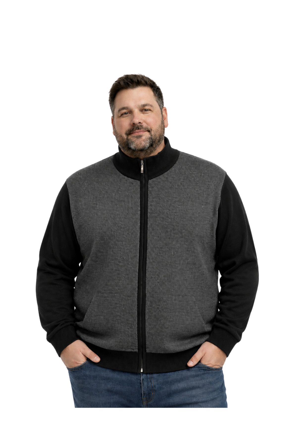 BattalModa Erkek Büyük Beden Siyah Arven Dik Yaka Cepli Triko Hırka 5XL-6XL-7XL-8XL