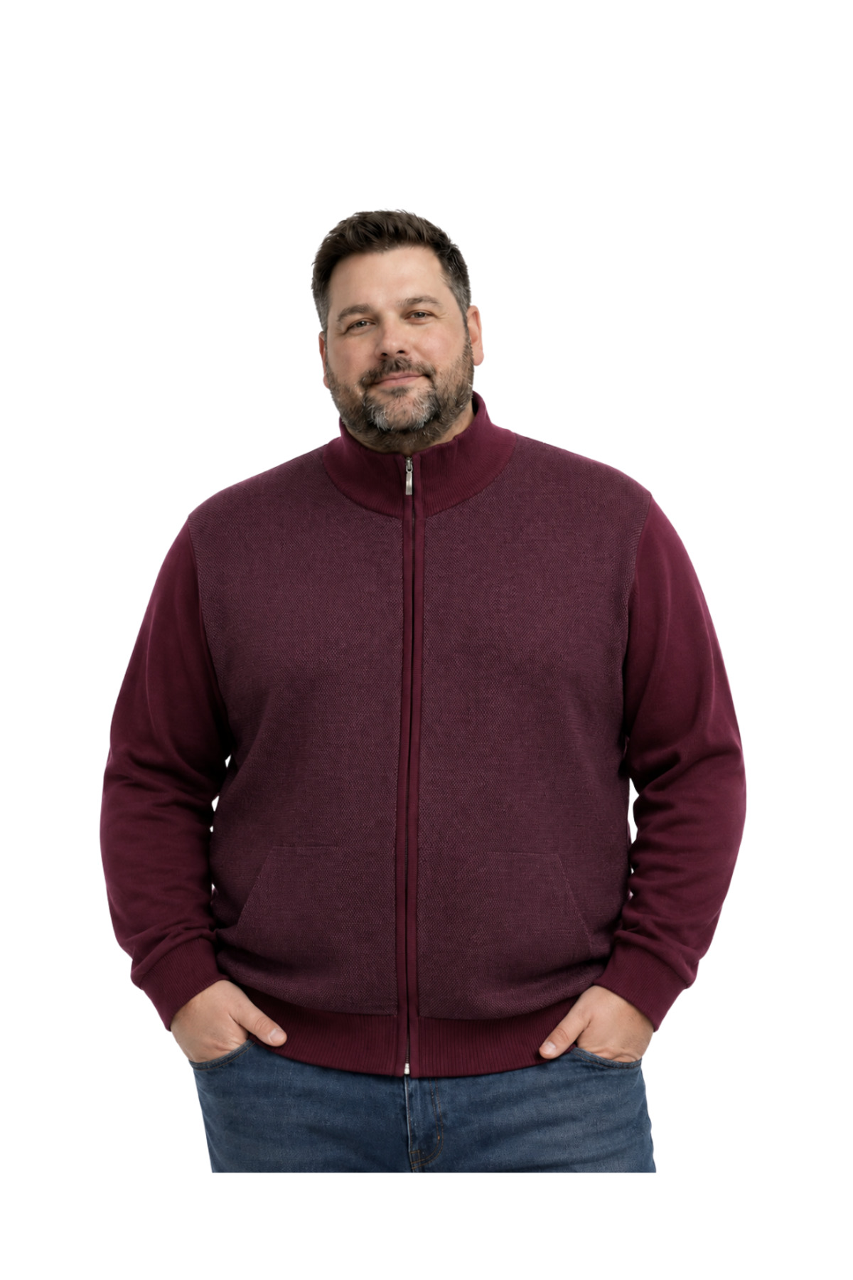 BattalModa Erkek Büyük Beden Bordo Arven Dik Yaka Cepli Triko Hırka 5XL-6XL-7XL-8XL