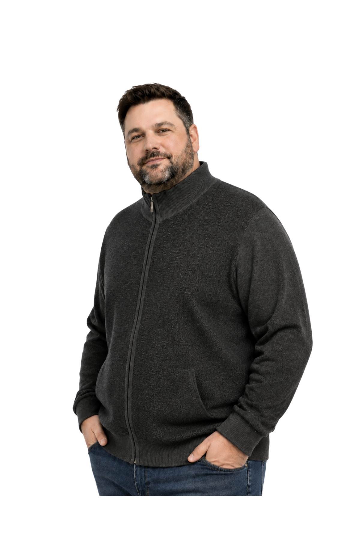 BattalModa Erkek Büyük Beden Antrasit Arven Dik Yaka Cepli Triko Hırka 5XL-6XL-7XL-8XL görsel 2