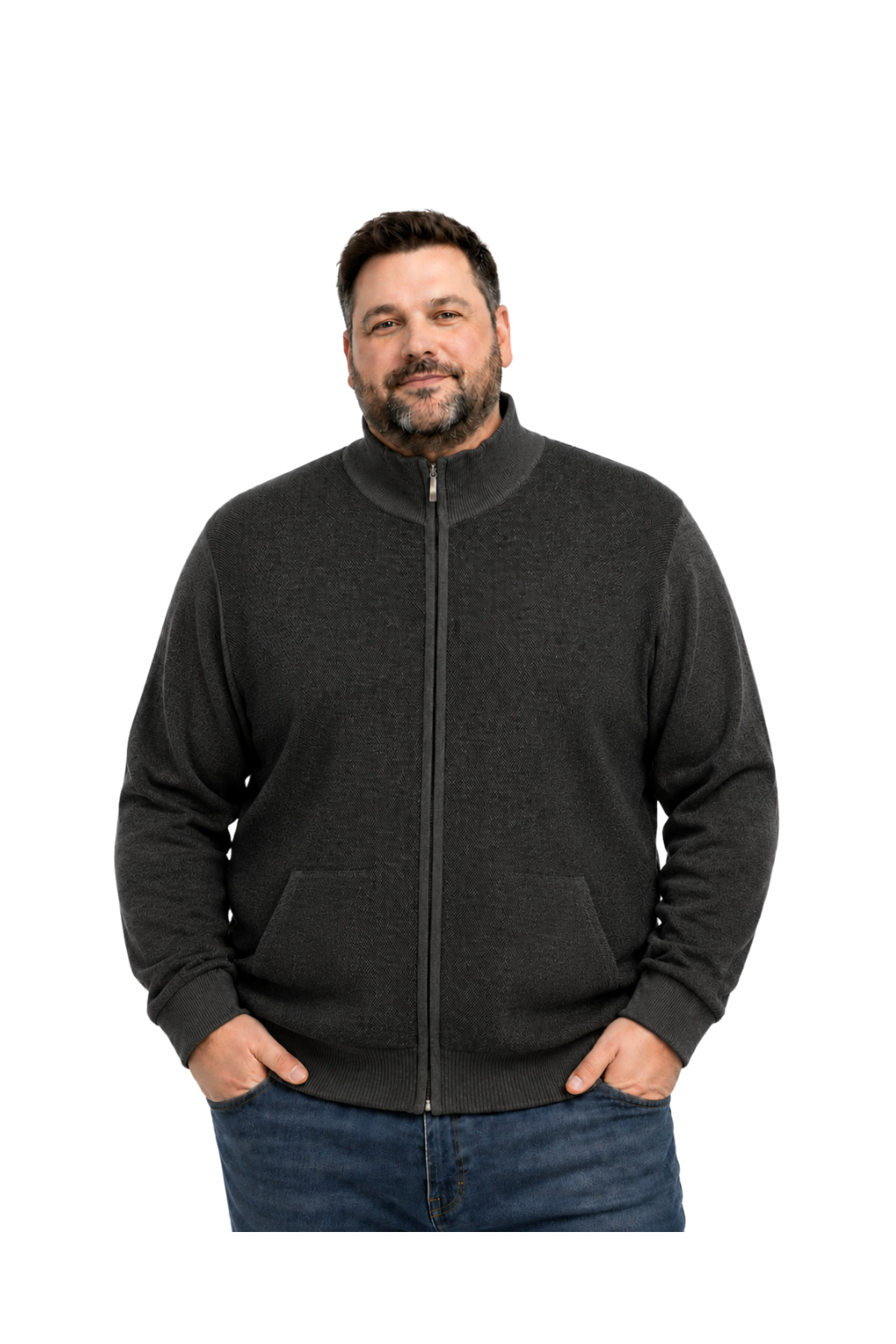 BattalModa Erkek Büyük Beden Antrasit Arven Dik Yaka Cepli Triko Hırka 5XL-6XL-7XL-8XL