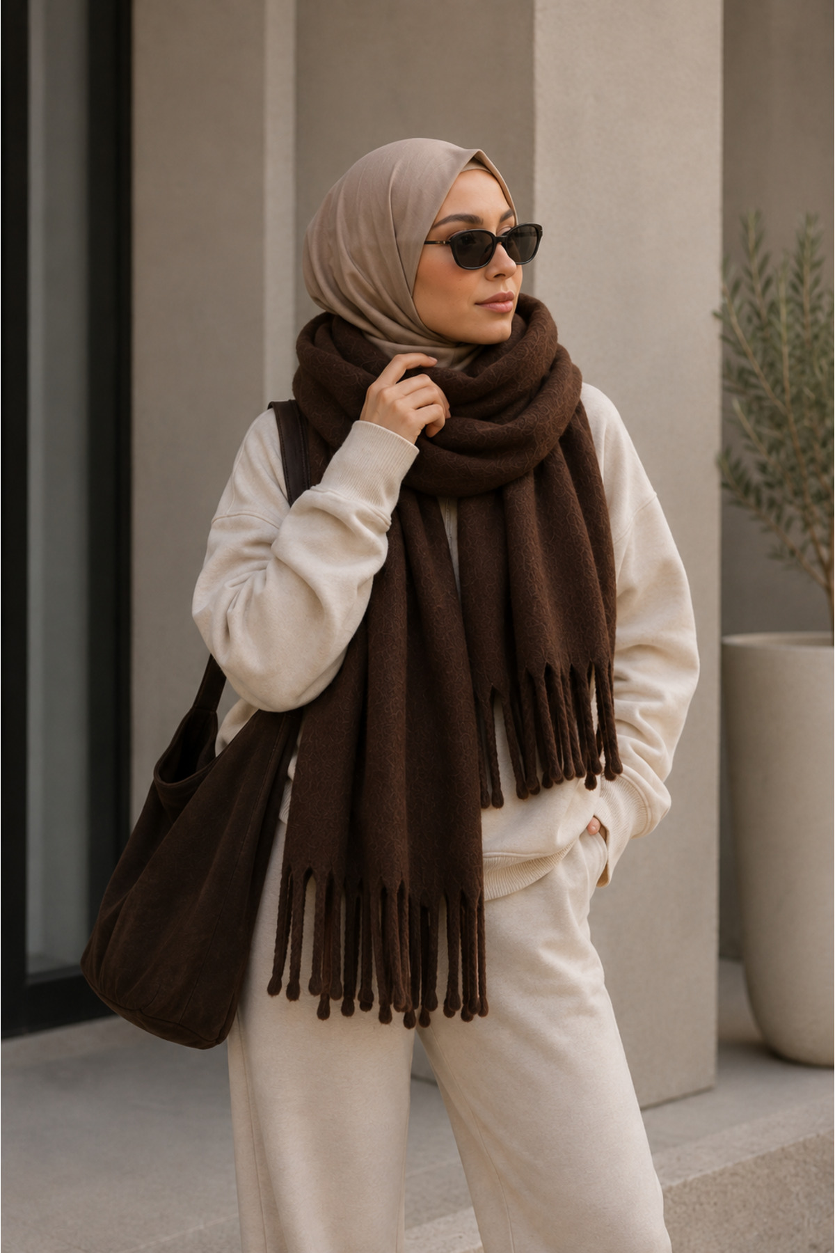 Salt & Sandy Unisex Premium Soft Buklet Atkı, Yumuşak Dokulu Saçaklı Kışlık Atkı - KAHVE görsel 2