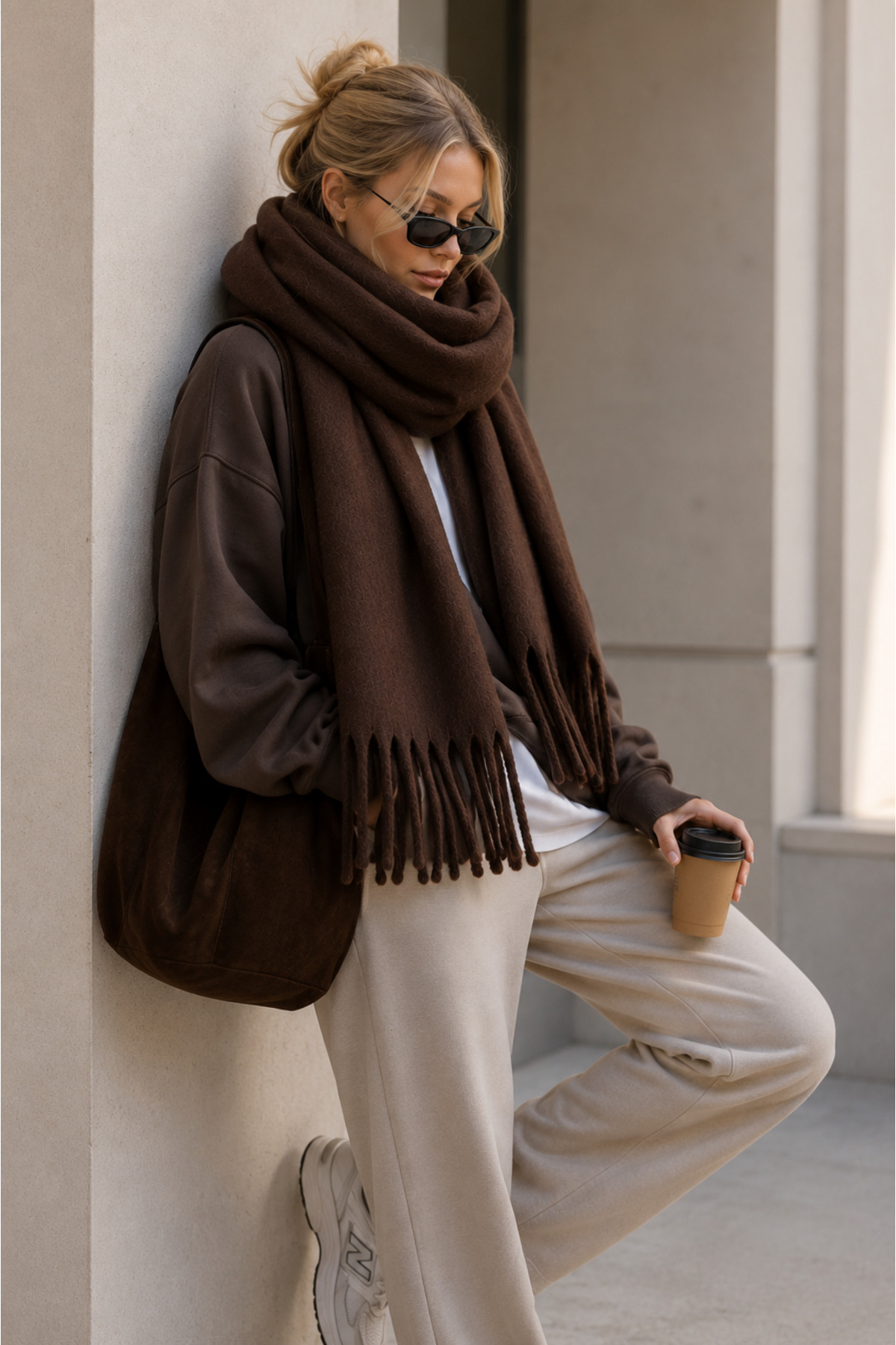 Salt & Sandy Unisex Premium Soft Buklet Atkı, Yumuşak Dokulu Saçaklı Kışlık Atkı - KAHVE görsel 4