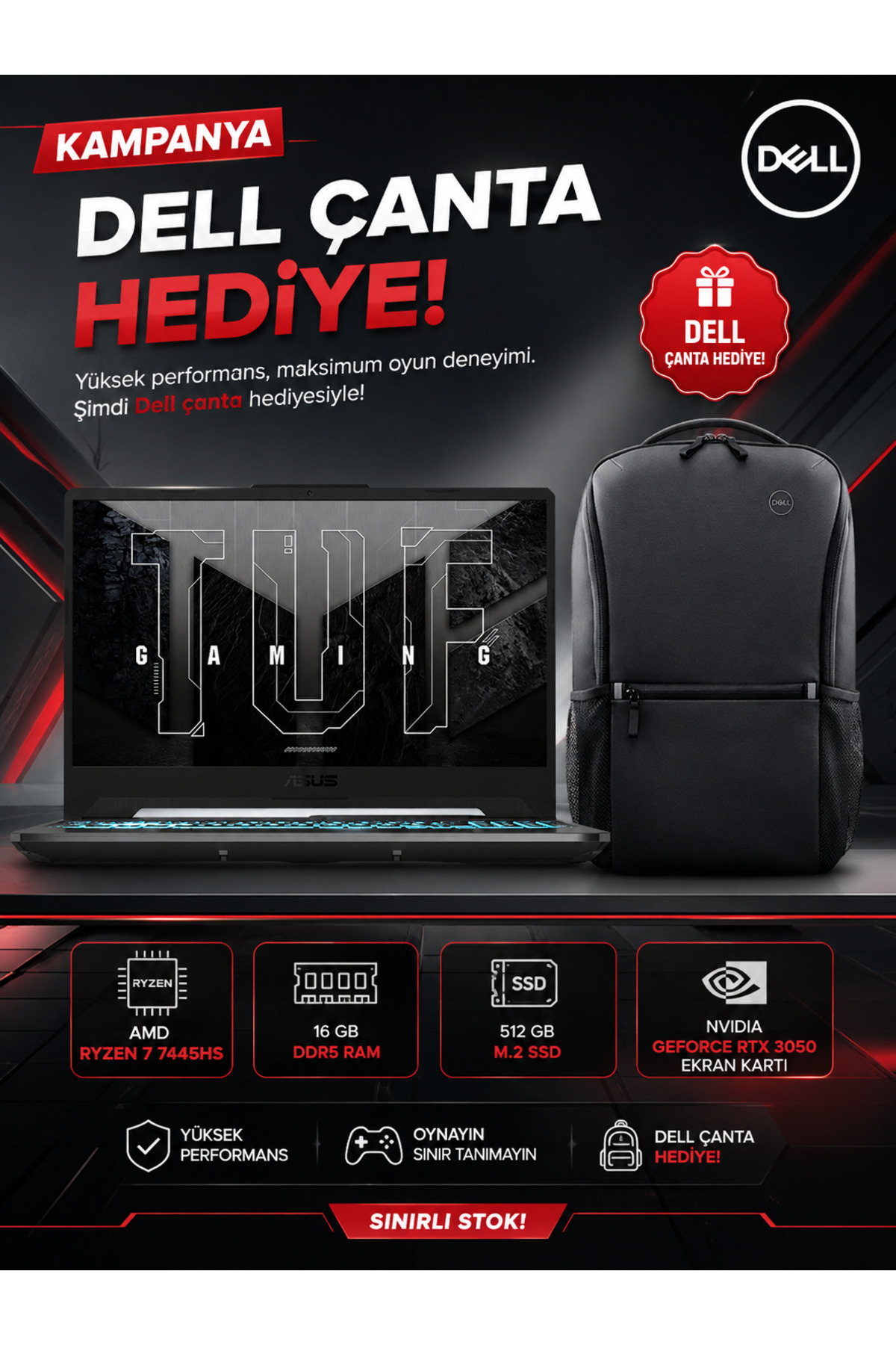 ASUS TUF Gaming A15 FA506NCG-OZT16 GB AMD Ryzen 7 7445HS 16 GB 512 GB SSD RTX3050-4 GB 75W W11 PRO 15.6" FHD İşlemci