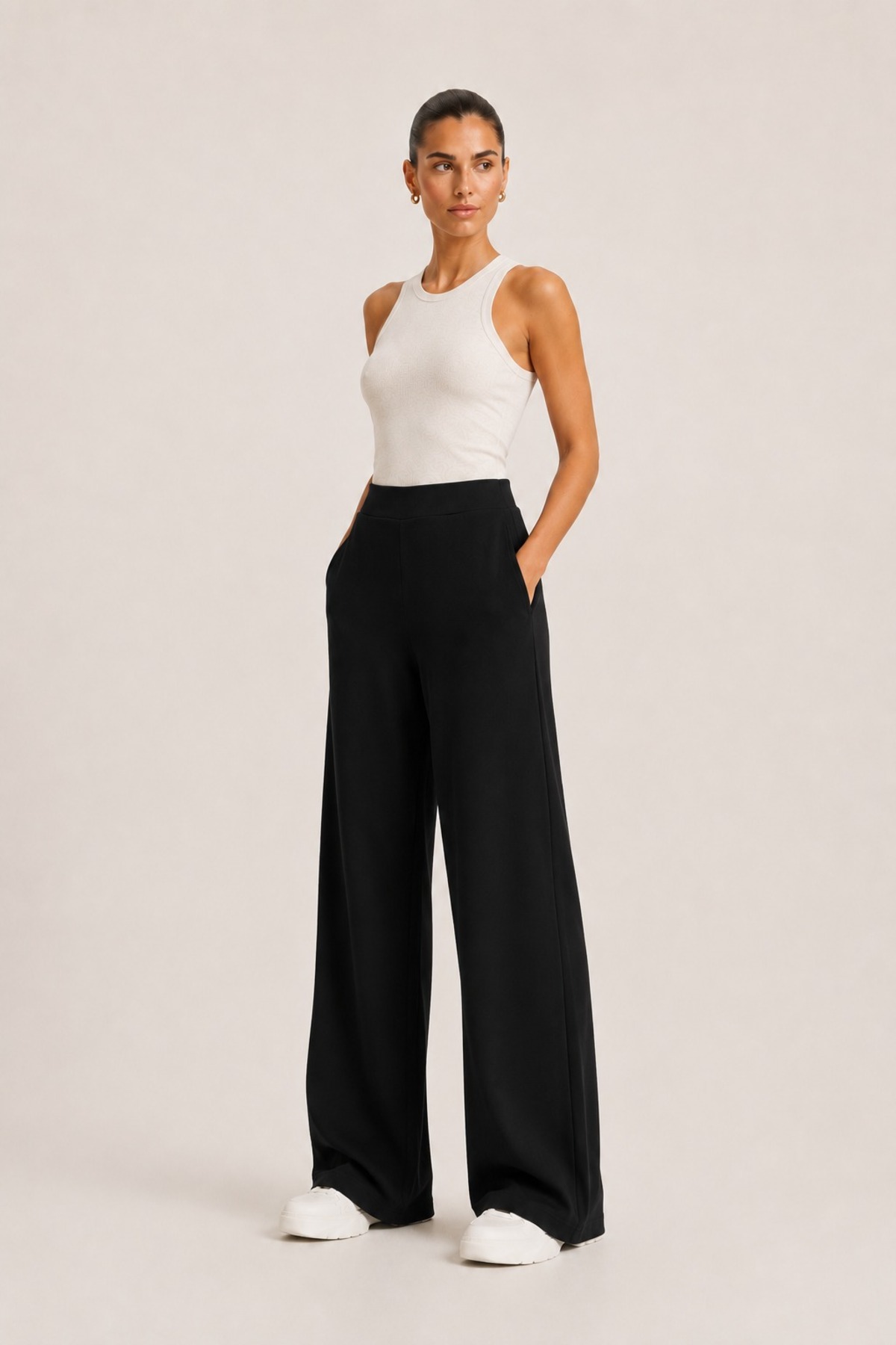 Grenj Fashion Siyah Soft Touch Yüksek Bel Cepli Wide Leg Modal Pantolon görsel 5