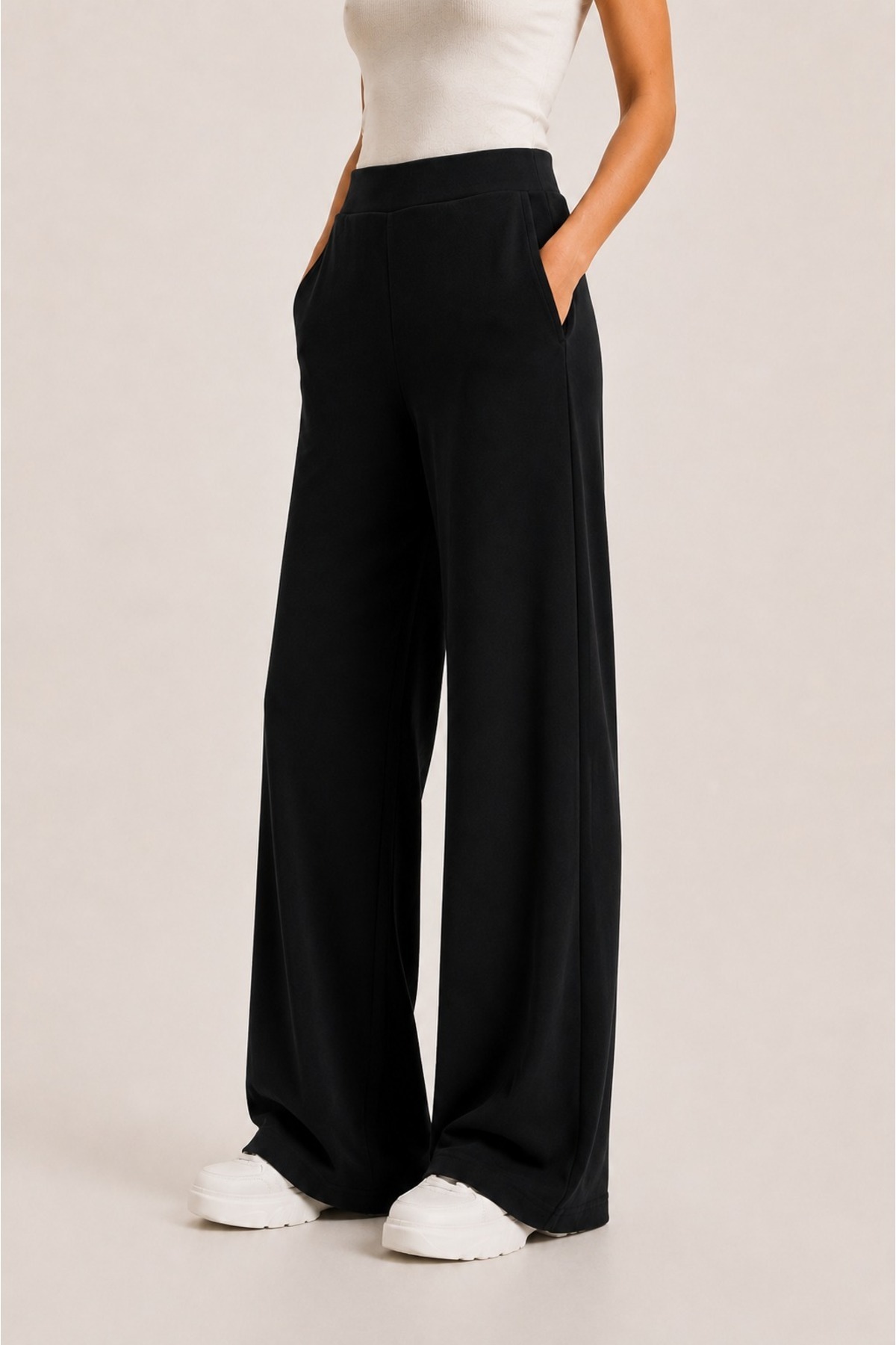 Grenj Fashion Siyah Soft Touch Yüksek Bel Cepli Wide Leg Modal Pantolon görsel 3