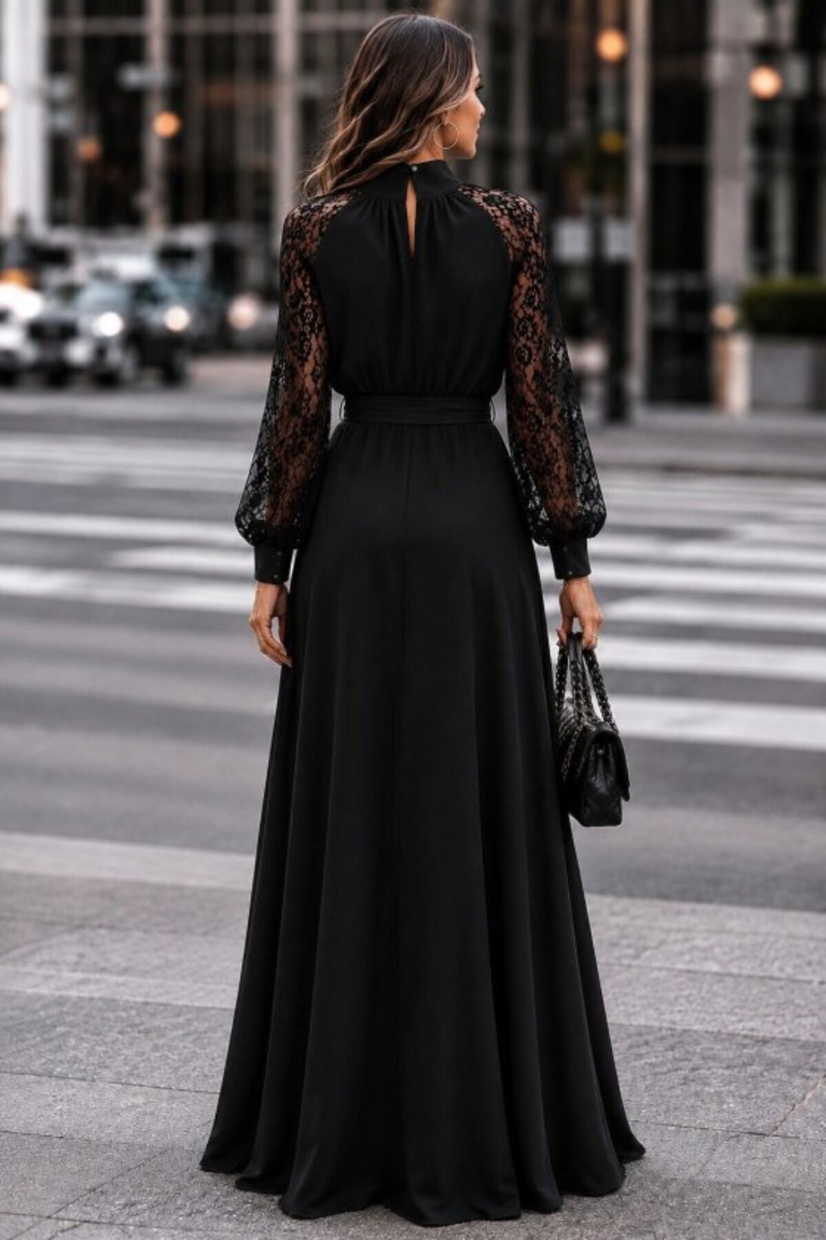 DRESSIFY WOMEN’S FASHION Kadın Uzun Kollu Balıkçı Yaka Damla Detaylı Kuşaklı Yırtmaçlı Uzun Krep Abiye Elbise görsel 2