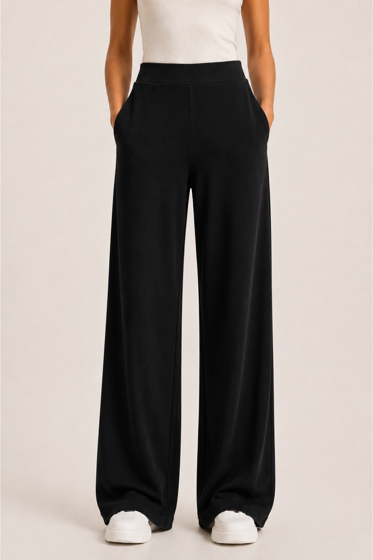 Grenj Fashion Siyah Soft Touch Yüksek Bel Cepli Wide Leg Modal Pantolon