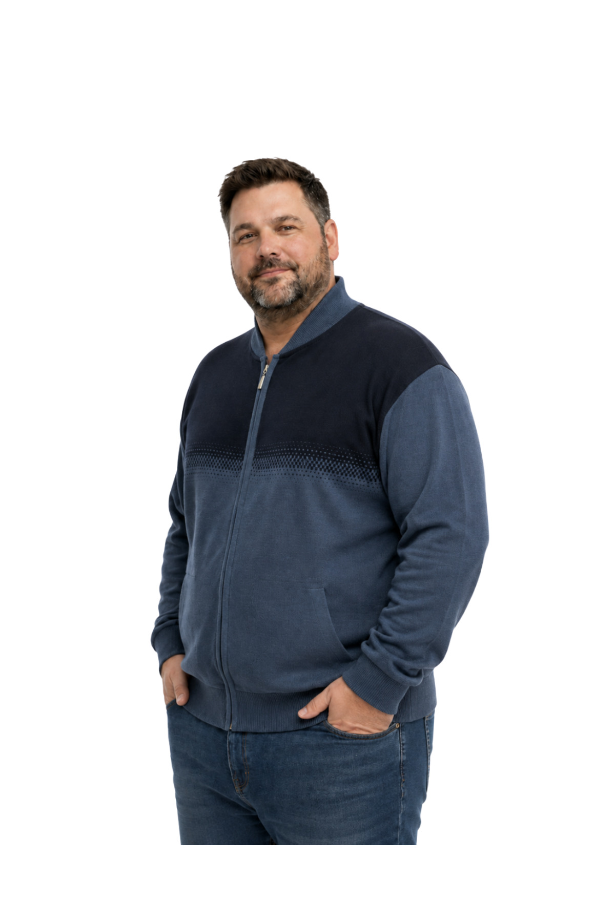 BattalModa Erkek Büyük Beden İndigo Pixel Cepli Triko Hırka 5XL-6XL-7XL-8XL görsel 2