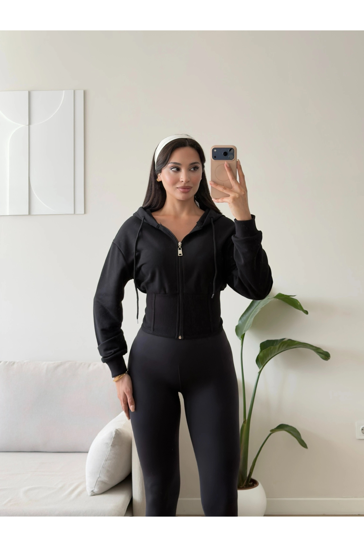 Zoom Butik Bel Korse Kapşonlu Hırka - SİYAH