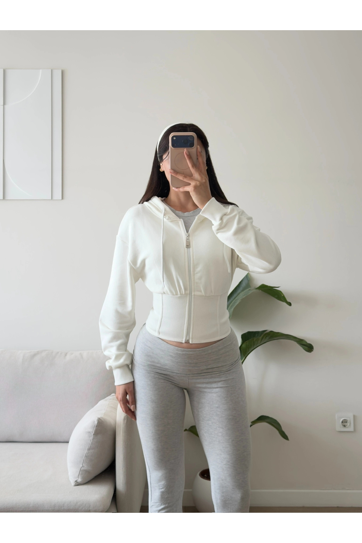 Zoom Butik Bel Korse Kapşonlu Hırka - BEYAZ görsel 4