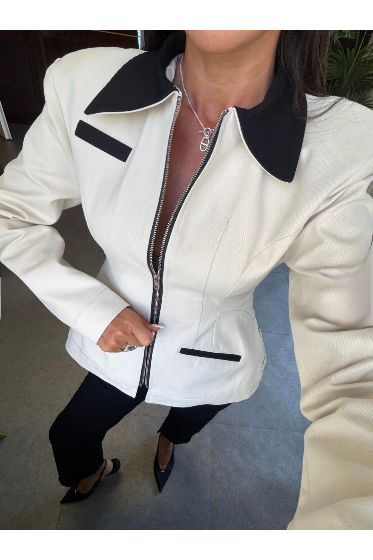 FMN Moda gabardin tok kumaş şerit cep detay çift fermuarlı premium seri astarlı beli daralan vatkalı orta boy muadil tasarım ceket trençkot mont görsel 5