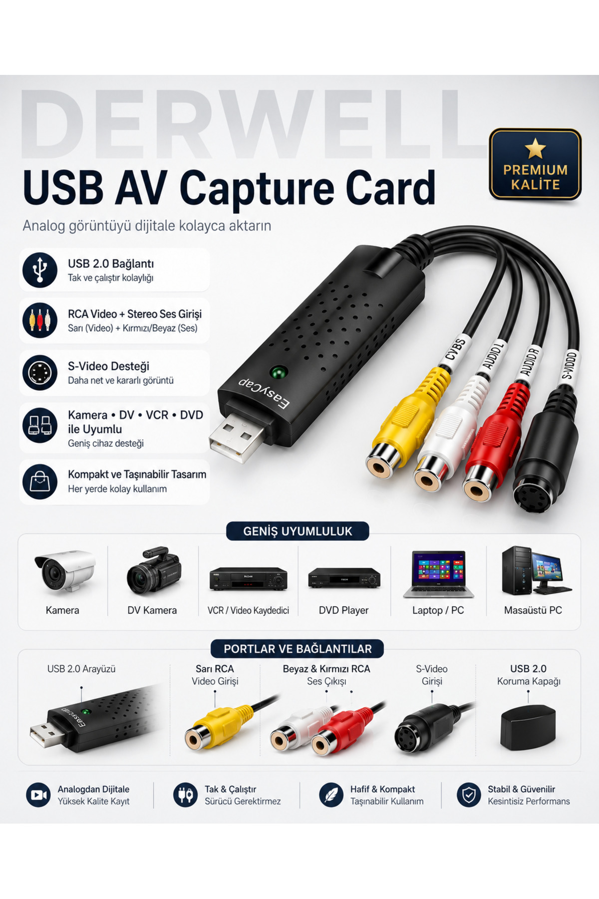 USB 2.0 AV Video Capture Card Analog Görüntü Ses Dijital Dönüştürücü Kartı Easycap Uyumlu Kamera DV VHS VCR DVD Oynatıcı Laptop Masaüstü PC Sürücüsüz Tak Çalıştır Kayıt Kartı RCA S-Video