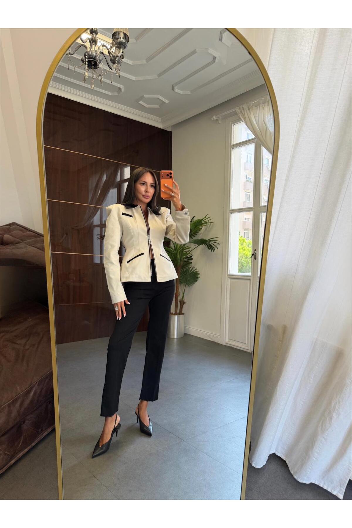 FMN Moda gabardin tok kumaş şerit cep detay çift fermuarlı premium seri astarlı beli daralan vatkalı orta boy muadil tasarım ceket trençkot mont görsel 2