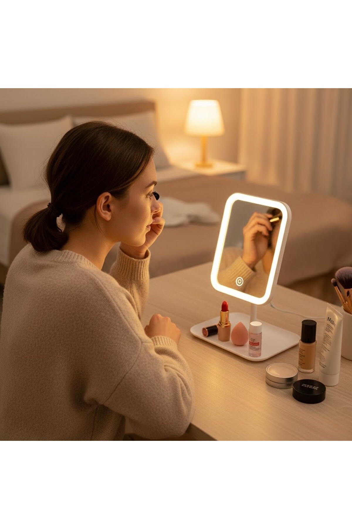 Çetiner Group® Dokunmatik LED Işıklı Kare Makyaj Aynası – Altı Organizer Kaseli, Ayarlanabilir Aydınlatmalı Masaüstü Makyaj ve Cilt Bakım Aynası — AF90YT0090 — تصویر 2 از 5