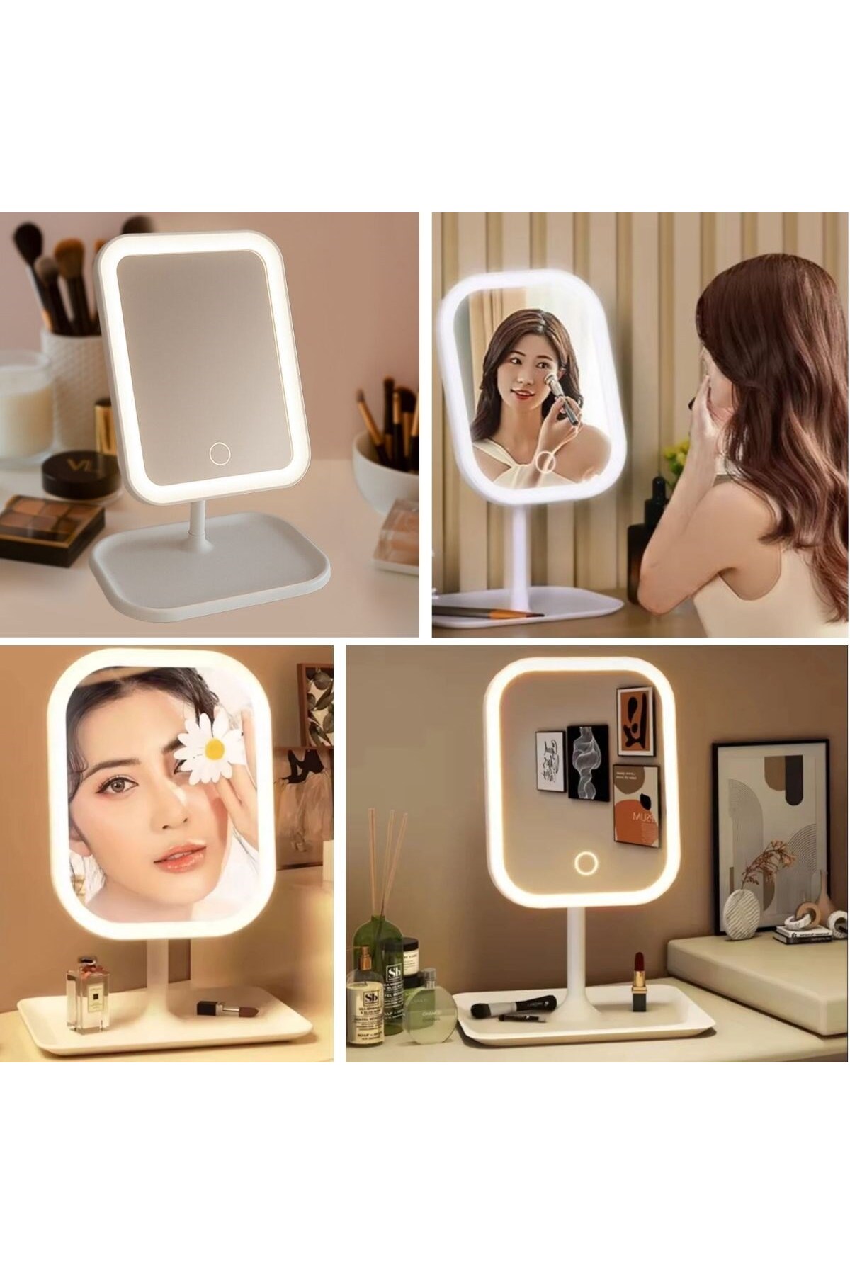 Çetiner Group® Dokunmatik LED Işıklı Kare Makyaj Aynası – Altı Organizer Kaseli, Ayarlanabilir Aydınlatmalı Masaüstü Makyaj ve Cilt Bakım Aynası — AF90YT0090 — تصویر 3 از 5