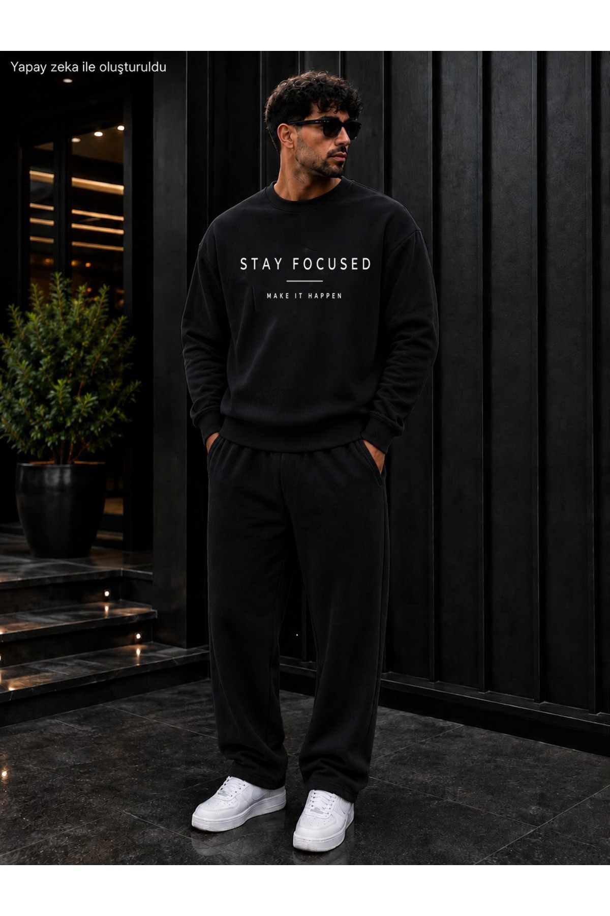 Erkek Stay Focused Make It Happen Tipografi Baskılı Bisiklet Yaka Regular Fit Erkek Eşofman Takımı /Düz Paça Alt — مشکی CKTK02096