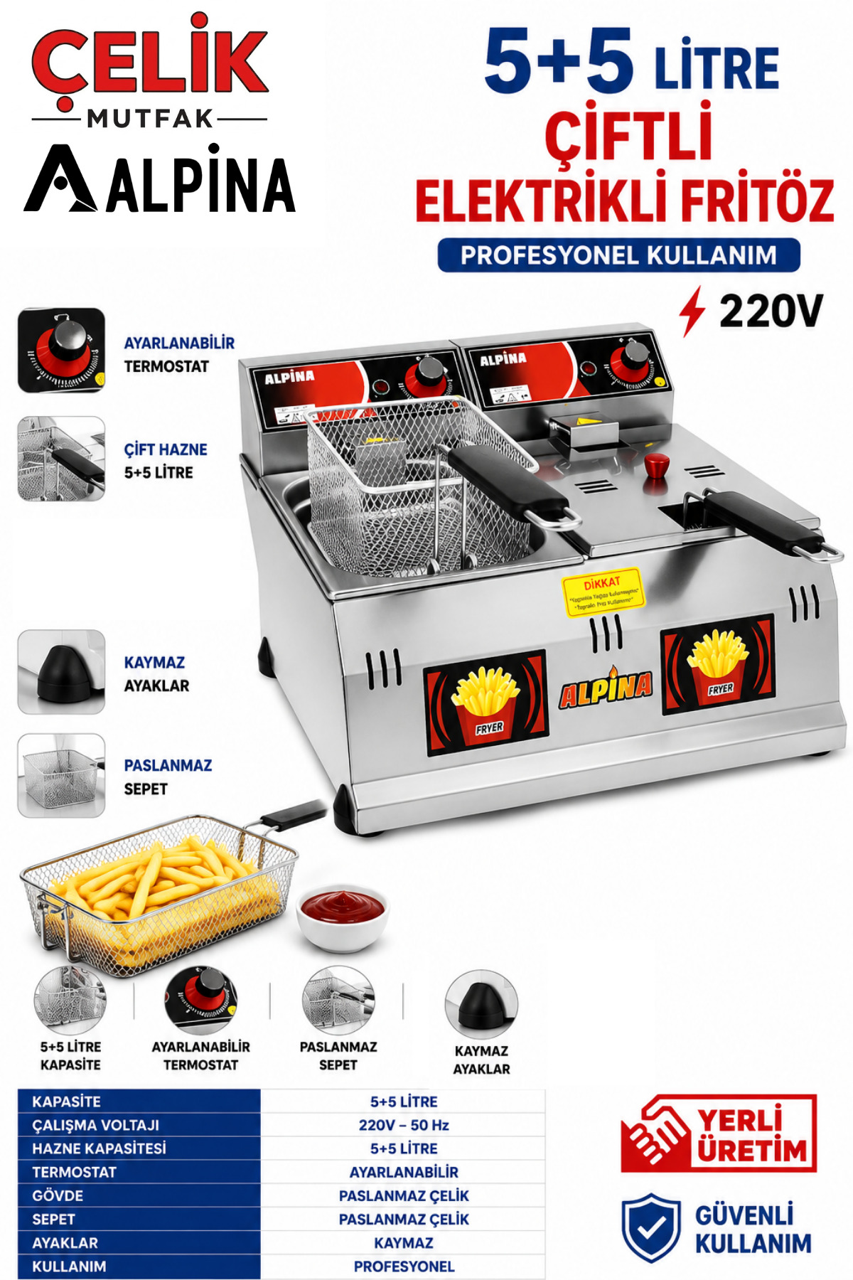 ALPİNA MUTFAK Alpina Fritöz Sanayi Tipi Elektrikli Patates Kızartma Makinesi Büfe Tipi 220V Airfryer