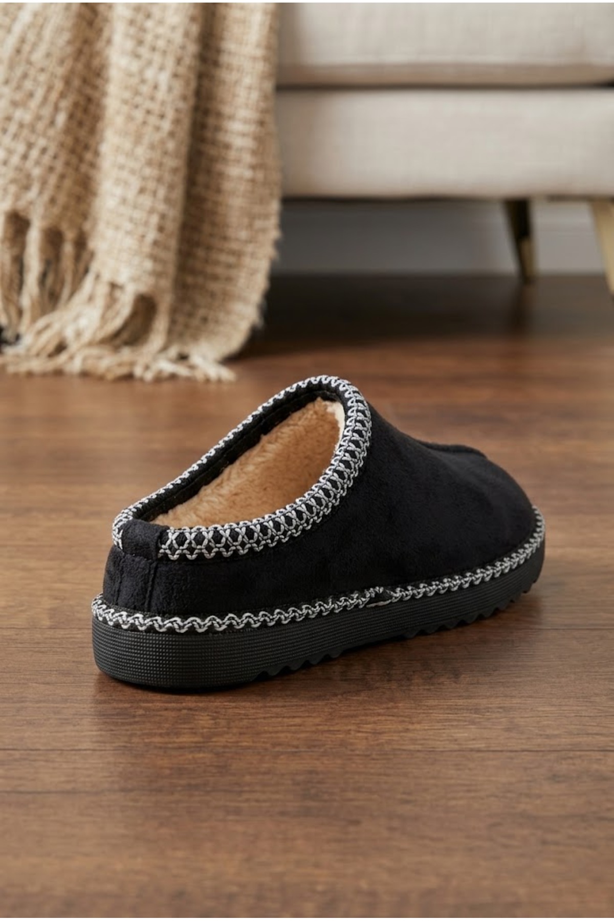 Moda Devrin Siyah Unisex Kalın Taban İçi Kürklü Peluş Ev Terliği / Zikzak Dikişli Konforlu Kışlık Ev Ayakkabısı (Yıkanabilir) görsel 7