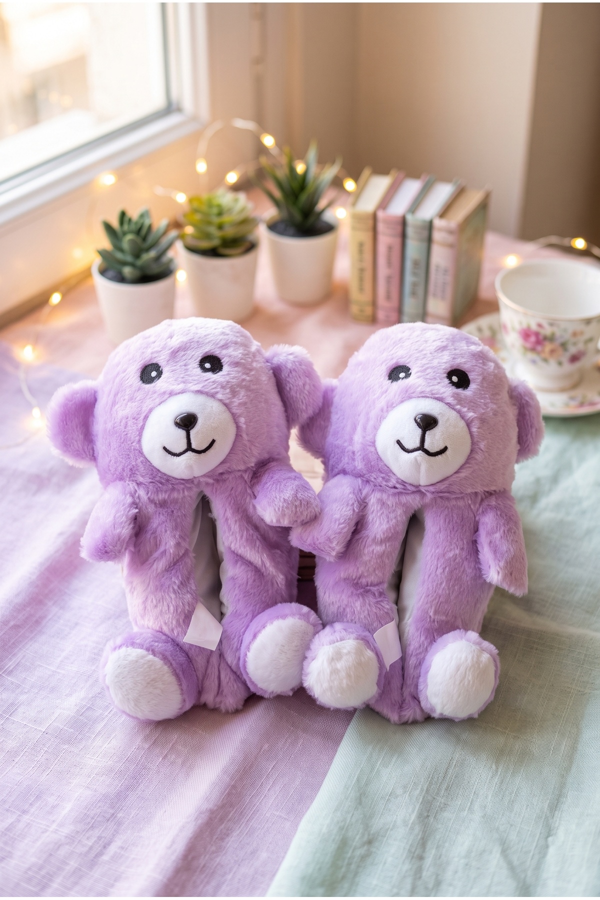 ZERA TREND Zera Ayıcık Figürlü Rahat, Konforlu, Lila Peluş Ev Botu Panduf görsel 2