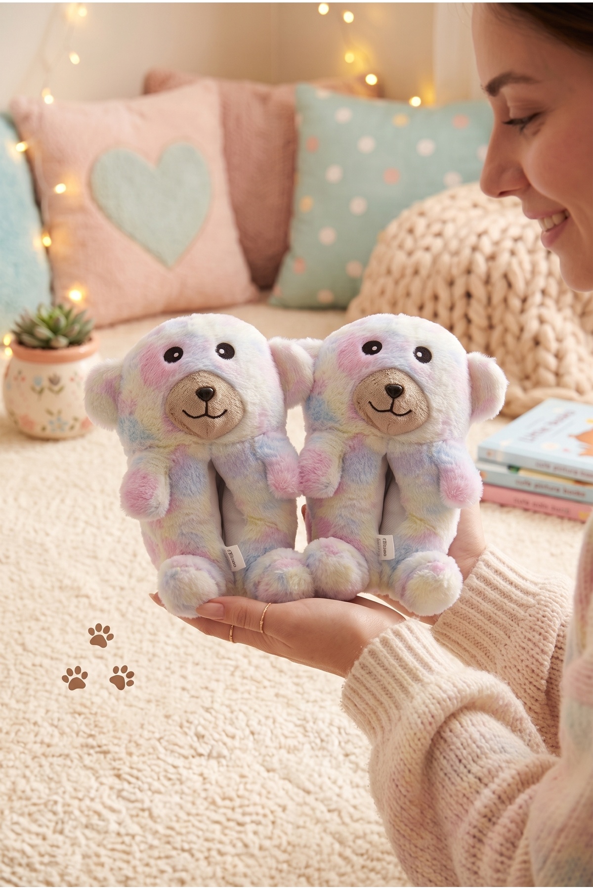ZERA TREND Zera Ayıcık Figürlü Rahat, Konforlu, Gökkuşağı Peluş Ev Botu Panduf görsel 2