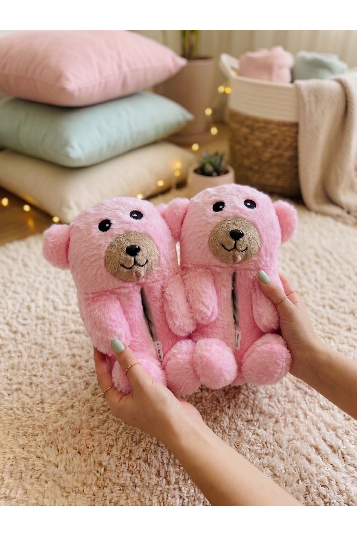 ZERA TREND Zera Ayıcık Figürlü Rahat, Konforlu, Pembe Peluş Ev Botu Panduf görsel 2