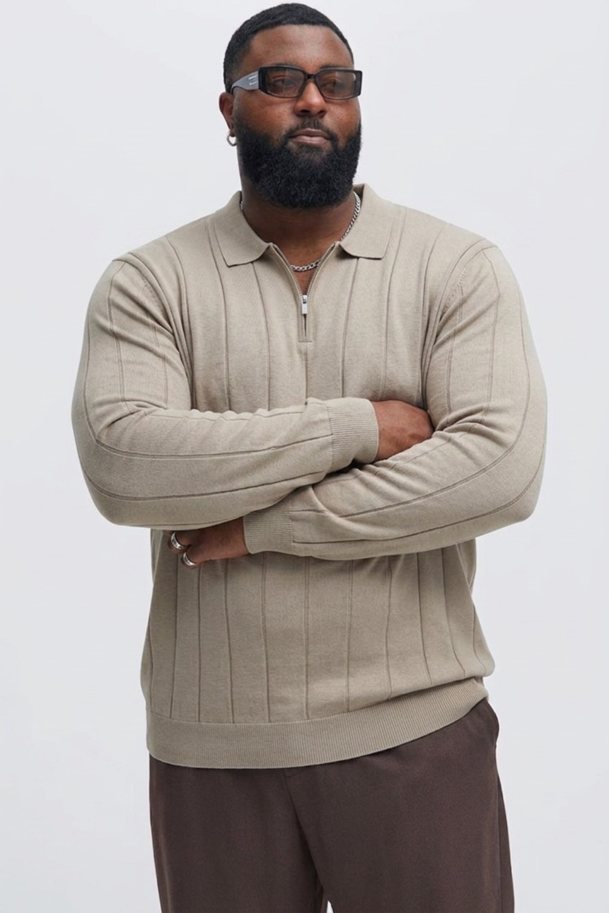Maccali Erkek Fermuarlı Çizgili Krem Büyük Beden Sweatshirt görsel 4