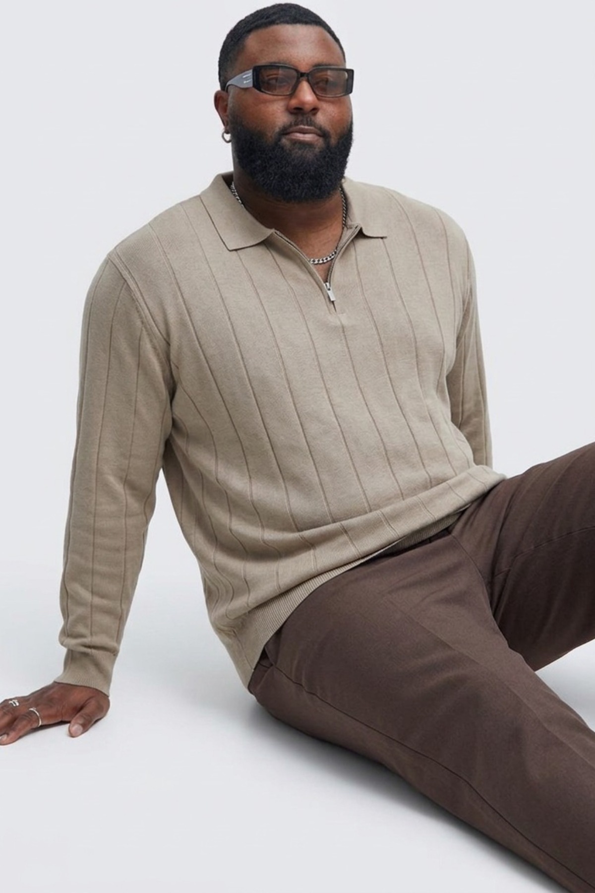 Maccali Erkek Fermuarlı Çizgili Krem Büyük Beden Sweatshirt görsel 5