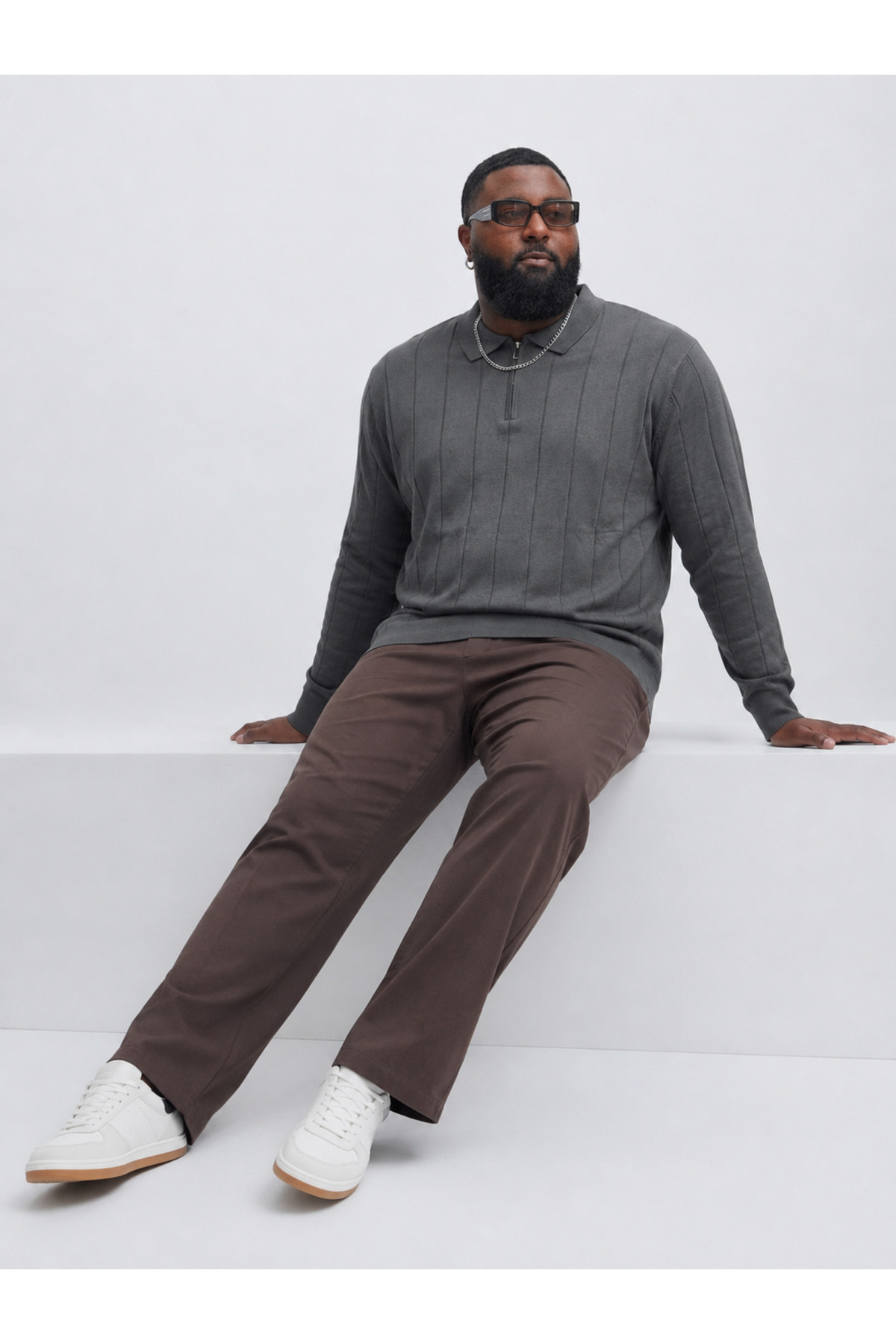 Maccali Erkek Fermuarlı Çizgili Füme Büyük Beden Sweatshirt görsel 5
