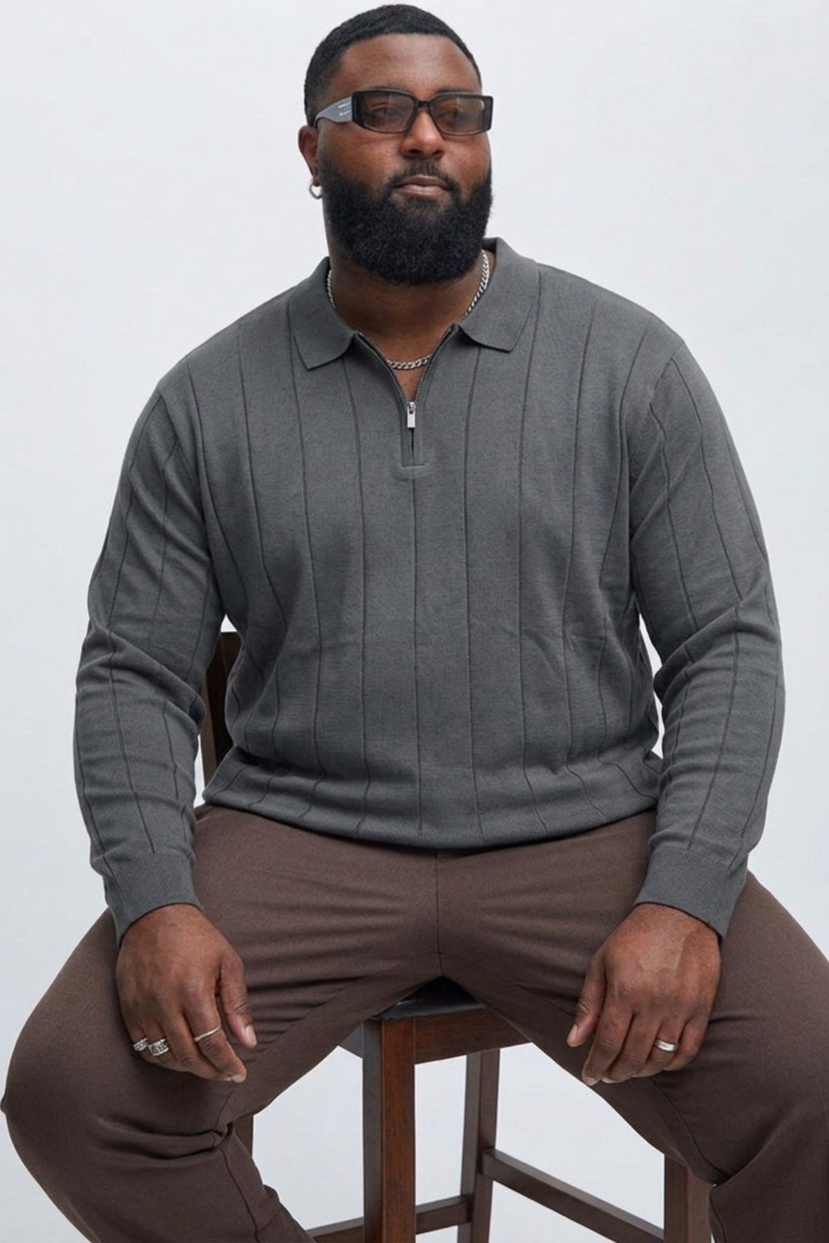 Maccali Erkek Fermuarlı Çizgili Füme Büyük Beden Sweatshirt görsel 3