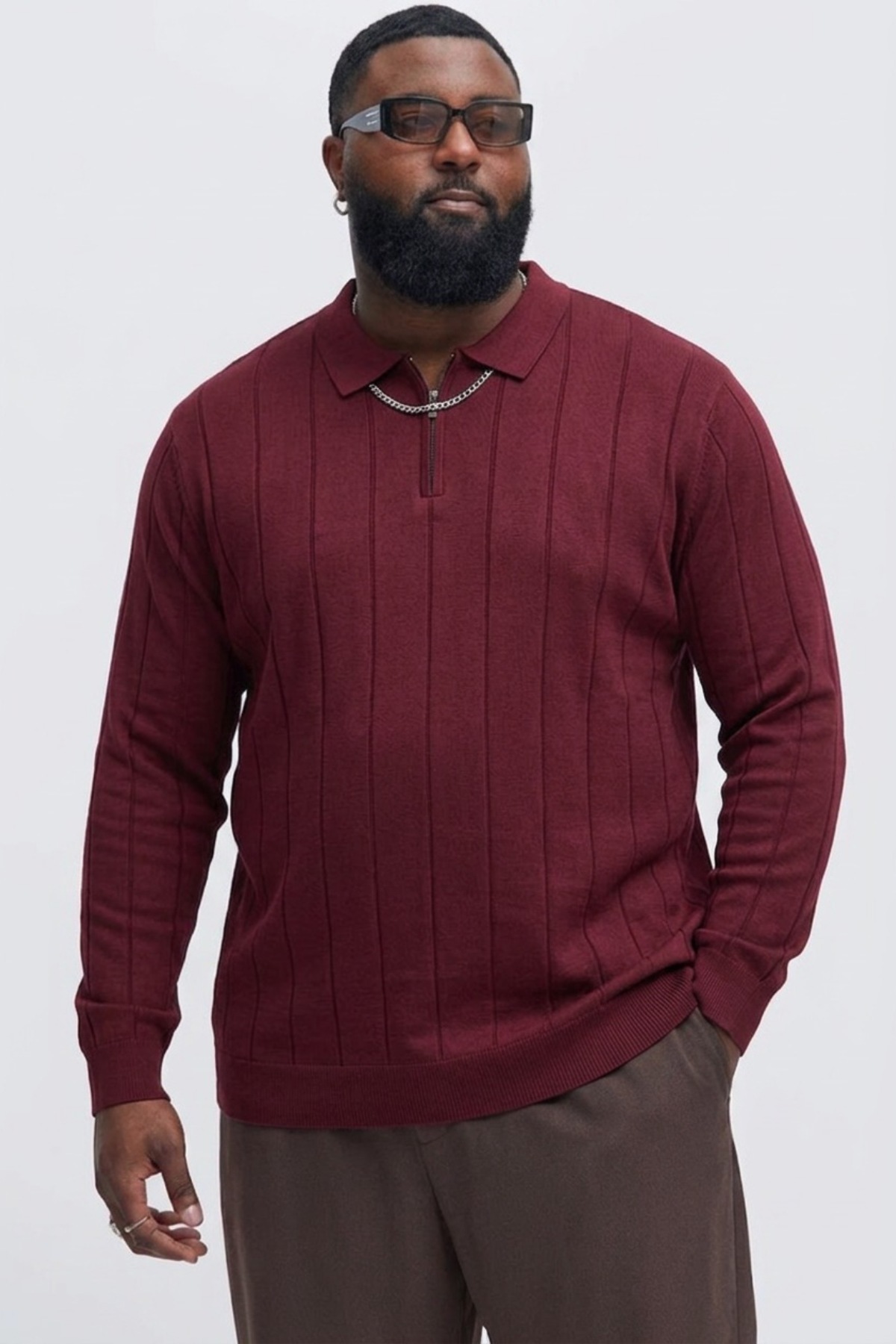 Maccali Erkek Fermuarlı Çizgili Bordo Büyük Beden Sweatshirt