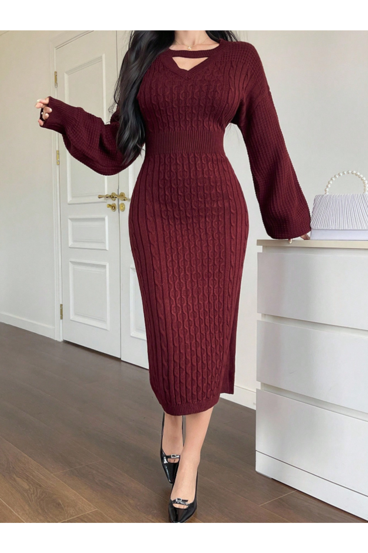 SAYZEN YOUR SHİNE choker yaka saç örgü desenli balon kol kadın triko elbise görsel 6