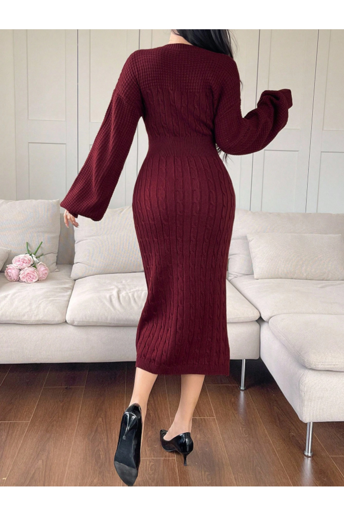 SAYZEN YOUR SHİNE choker yaka saç örgü desenli balon kol kadın triko elbise görsel 3